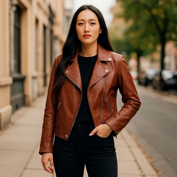 ANTHROPOLOGIE Women's Plus 1X Saige Moto Jacket Brown Faux Leather Snaps Zip 46" - Picture 2 of 11